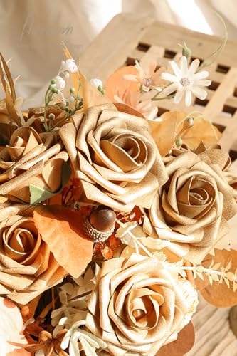 Artificial Flowers 25pcs Real Looking Antique Gold Foam Fake Roses with Stems for DIY Wedding Bouquets Bridal Shower Centerpieces Floral Arrangements Party Tables Home Decorations (25 Count)