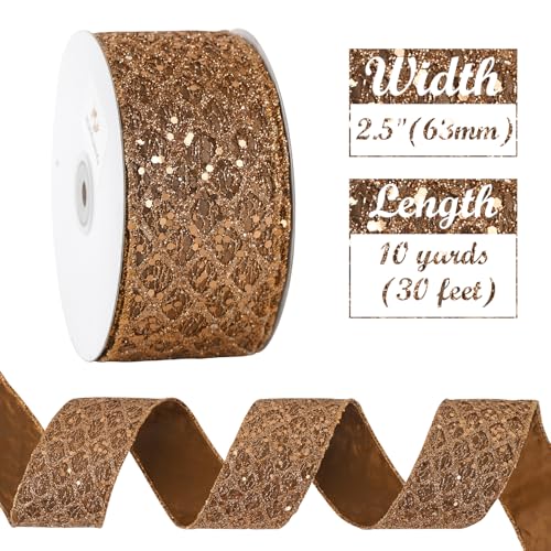 Glitter Copper Diamond Wired Christmas Ribbon 2.5 inch x 10 Yards (30 Foot)