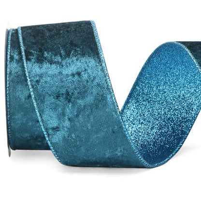 Turquoise Blue Velvet Wired Ribbon 2.5 Inch Teal Velvet with Turquoise Blue Glitter Christmas Ribbon for Christmas Tree Decoration Big Bow Gift Wrapping Crafts Wreaths Supplies (30 Foot)