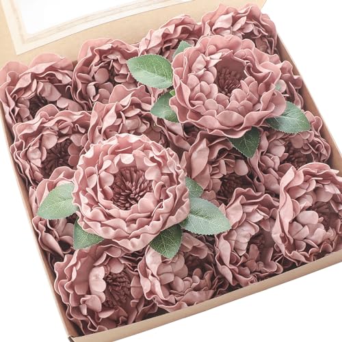 Artificial Flowers 16pcs 4" Dusty Rose Blooming Peonies Real Looking Foam Fake Peony with Stems for DIY Wedding Bouquets Bridal Shower Centerpieces Floral Arrangements Party Tables Decorations (16 Count)