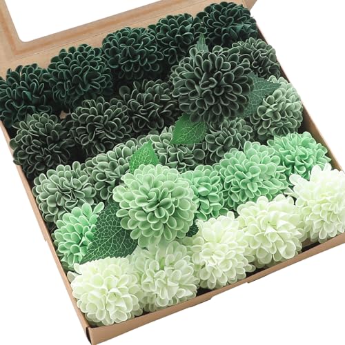 Artificial Dahlia Flowers 25pcs Real Looking Forest Green Shades Foam Fake Roses with Stems for DIY Wedding Bouquets Bridal Shower Centerpieces Sage Green Floral Arrangements Tables Decoration (25 Count)