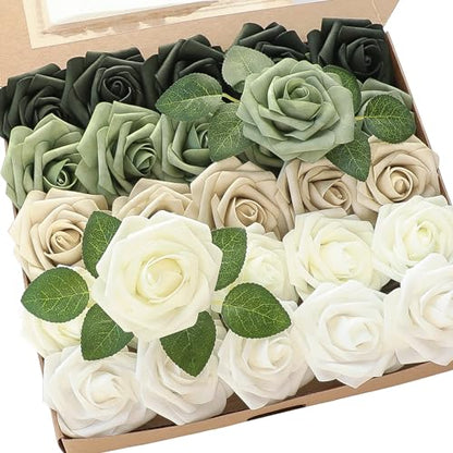 Artificial Flowers 25pcs Real Looking Emerald Green Ombre Colors Foam Fake Roses with Stems for DIY Wedding Bouquets Bridal Shower Centerpieces Sage Green Floral Arrangements Tables Decoration (25 Count)