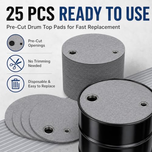 25 Pcs Drum Top Oil Absorbent Pads for 55 Gallon Drums Barrel Absorbent Pads Mat 22" Diameter Lid Oil Mat with Bungs 0.75" and 2" Diameter