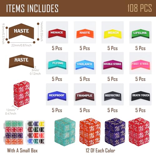 108PCS MTG Keyword Counters Tokens & 12mm MTG Life Counter Dice Set for Magic Card with Box