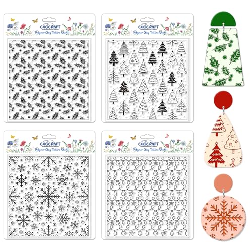 4 Pcs Christmas Elements Polymer Clay Texture Sheets Snowflakes Silicone Texture Stamp Pine Trees Clay Texture Mat Modeling Pattern Pad Sheets for Jewelry and Earrings Tools