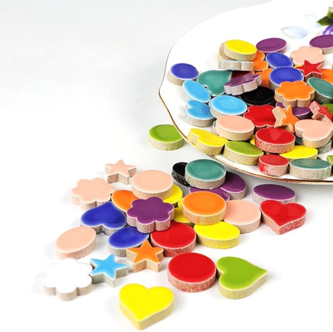 500g/1.1lb Random Color Irregular Ceramics Mosaic Tiles,DIY Making Creative Ceramic Mosaic Tiles for DIY Craft Plates Flowerpots Vases Cups Mosaic Making Supplies (Flowers+Round+Heart+Pentagram+Oval)