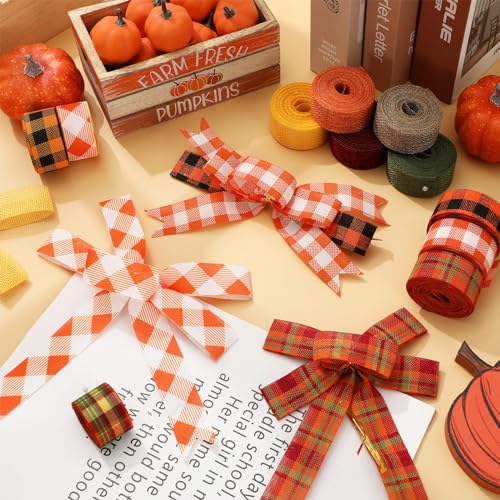 10 Rolls 50 Yard Fall Plaid Burlap Ribbon Rolls 1 Inch Autumn Gift Wrapping Ribbon Seasonal Decorative Ribbons for DIY Crafts Wreath Bow Making Supplies Home Decor (10 Count)
