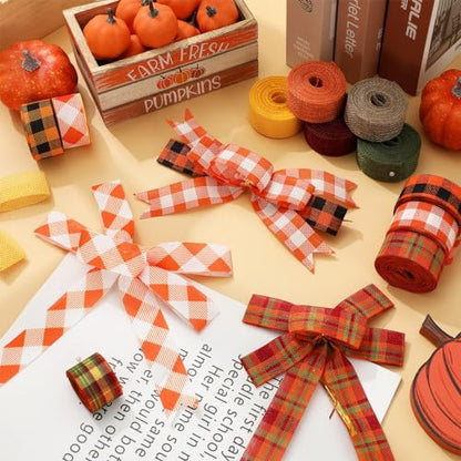 10 Rolls 50 Yard Fall Plaid Burlap Ribbon Rolls 1 Inch Autumn Gift Wrapping Ribbon Seasonal Decorative Ribbons for DIY Crafts Wreath Bow Making Supplies Home Decor (10 Count)