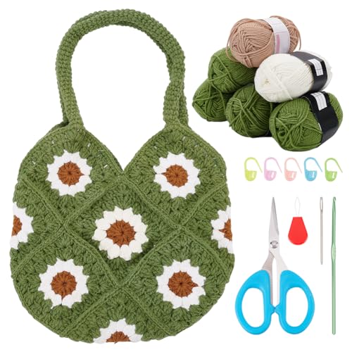 DIY Crochet Set for Crochet Shoulder Bag Green Daisy Crochet Bag Kit for Beginners Crochet Tote Bag Crochet Starter Kit with Instruction for Birthday Gift