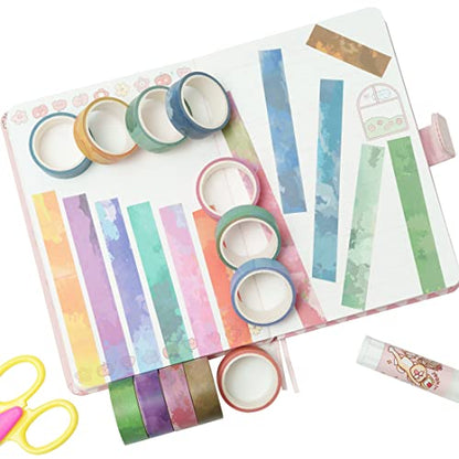 Watercolors Washi Tape Set 12 Rolls Pastel Colors Masking Macaron Graphic Decorative Tapes for Arts (196.8 Foot)