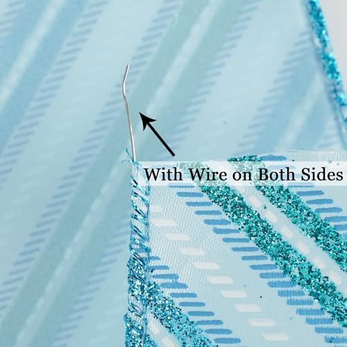 Blue Diagonal Stripe Ribbon 2.5 Inch Blue Satin with Turquoise and Teal Glitter Wired Ribbon for Wreath Bow (30 Foot)