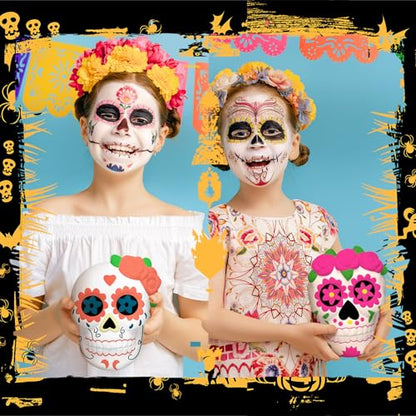 12 Sets Flower Skull Ceramic Figures Unpainted DIY Halloween Kit