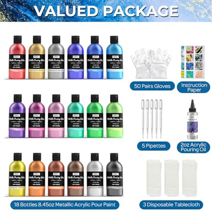 18 Colors 8.45oz Large Volume Metallic Acrylic Pour Paint Kit (152.1 Fl Oz)