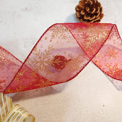Organza with Red Glitter Snowflakes Wired Ribbon 2.5 inch x 50 Yards for Christmas Home Decor Tree Topper Bow Gift Wrapping DIY Crafts Wreath Garland Wedding (150 Foot)