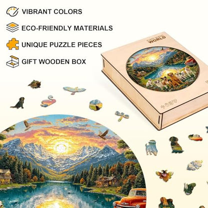 Dogs Puzzles Mountain Landscape Sunset Forest Flowers Round Puzzle Adults Gifts for Women Men Wooden 270 Pieces 13.4 * 13.4in Wall Art Decor