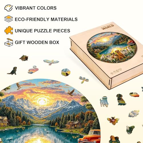 Dogs Puzzles Mountain Landscape Sunset Forest Flowers Round Puzzle Adults Gifts for Women Men Wooden 100 Pieces 8.5 * 8.5in Wall Art Decor