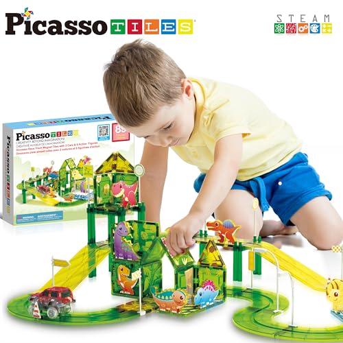 Dinosaur Magnetic Tiles Racecar Track with 8 Magnet Tile Dino Toys 2 Cars Street Sign Accessory Kit Construction Building Blocks Educational Picasso Toy for Kids Ages 3 and up PTR02 (89 Count)