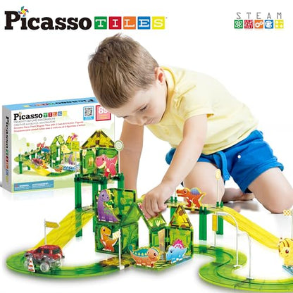 Dinosaur Magnetic Tiles Racecar Track with 8 Magnet Tile Dino Toys 2 Cars Street Sign Accessory Kit Construction Building Blocks Educational Picasso Toy for Kids Ages 3 and up PTR02 (89 Count)