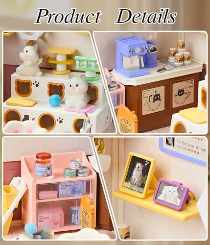 Cute Cat Cafe DIY Miniature House Kit with Roof & LED Light