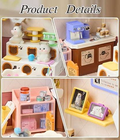 Cute Cat Cafe DIY Miniature House Kit with Roof & LED Light