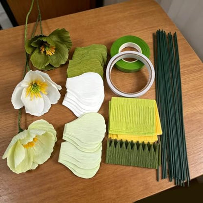 Sage Green White Crepe Paper Poppy Flower DIY Making Kit for Home Table Decor Gift Craft 24 pcs (24 Count)