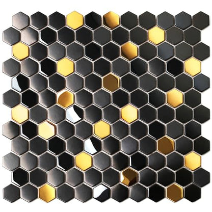 Black and Gold Backsplash Wall Tiles Hexagon Mosaic Shower Floor Tile Kitchen Bathroom Tile (5 Sq Ft)
