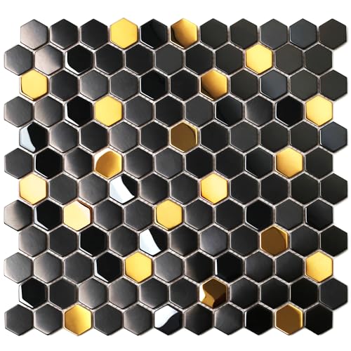 Black and Gold Backsplash Wall Tiles Hexagon Mosaic Shower Floor Tile Kitchen Bathroom Tile (5 Sq Ft)