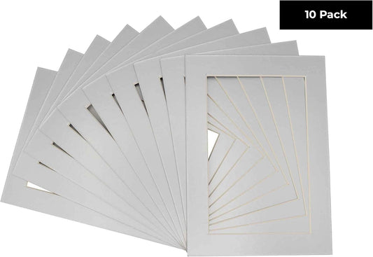 Pack of Ten Acid Free 8x10 Mats Bevel Cut for 5x8 Photos - Metallic Silver Precut Matboards With Backing Boards and Self Seal Photo Mat Bags For Pictures, Photos, Framing - 4-ply Thickness