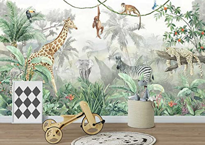 Kids Wallpaper Tropical Leves and Safari Animals (162.5 Sq Ft)