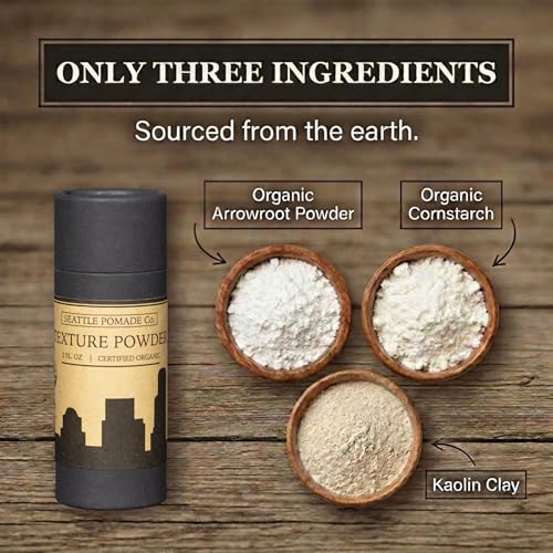Seattle Pomade Co. Organic Based Texture Powder for Men. Creates Volume and Lift with organic materials. Fragrance Free. Globally sourced certified organic materials. Natural Hair Powder 2 oz NON
