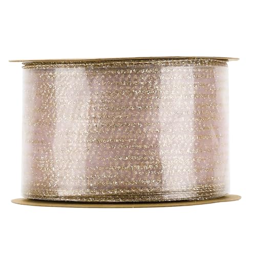 Rose Gold Sheer Glitter Wired Ribbon 2.5 Inch Horizontal Stripes Polka Dot Christmas Ribbon Organza Sheer Glitter Ribbons 25 Yards Rose Gold Ribbons for Christmas Tree (75 Foot)