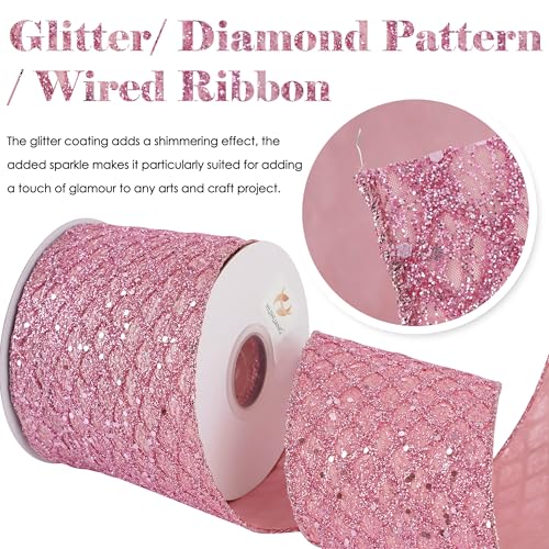 Pink Glitter Diamond Wired Christmas Ribbon 4 inch x 10 Yards (30 Foot)