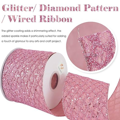 Pink Glitter Diamond Wired Christmas Ribbon 4 inch x 10 Yards (30 Foot)