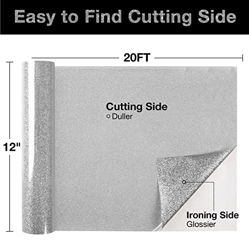Silver Glitter HTV Heat Transfer Vinyl Roll 12 inch x 20 ft Iron on Vinyl for T Shirts Crafts Bulk