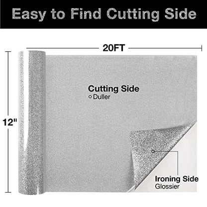 Silver Glitter HTV Heat Transfer Vinyl Roll 12 inch x 20 ft Iron on Vinyl for T Shirts Crafts Bulk