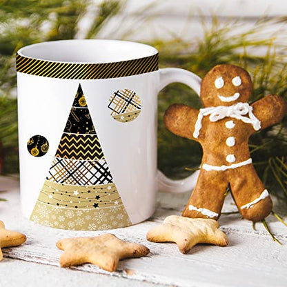 12 Rolls Christmas Washi Tape Black Gold Xmas Washi Masking Tape Foil Gold Snowflake Xmas Tree Xmas Tree Ball Plaid Pattern Decorative Tape for Scrapbook Journal DIY Craft Gift Wrapping (117.6 Foot)