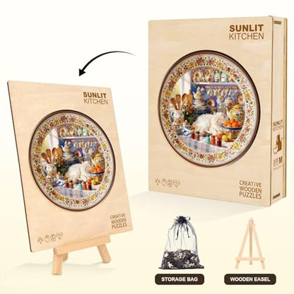 Sunlit Cat Kitchen Puzzles Adults Gifts Wooden 100 Pieces 8.5 * 8.5in (100 Count)