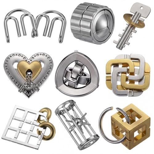 9 Pcs Metal Brain Teasers 3D Steel Puzzle Set (9 Count)