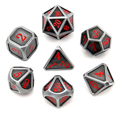 Ancient Silver Metal DND Dice Set D&D 7PCS Large Rounded Antiue Iron RPG Dice Red Numbers for Dungeons and Dragons TTRPG Game Gifts'
