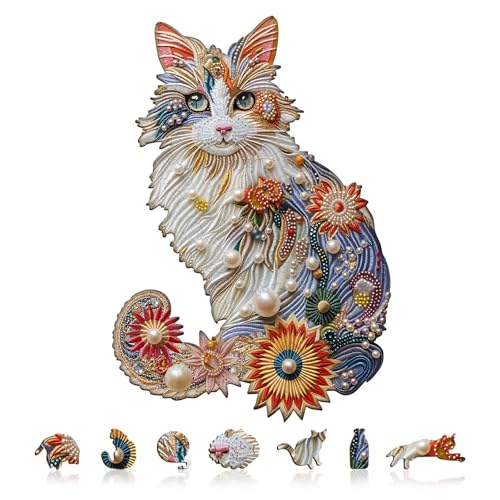 Pearl Flower Cat Puzzles Adults Gifts for Women Men Wooden 65 Pieces 8.5 x 5.8in