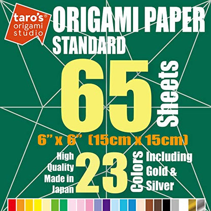 Taro's Origami Studio] Standard 6 Inch One Sided 23 Colors 65 Sheets Square Easy Fold Premium Japanese Paper for Beginner
