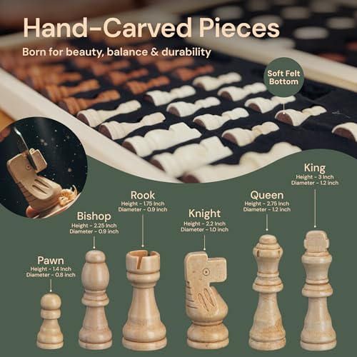 Wooden Chess Set 15'' & Checkers Board Games for All Players with 2 Extra Queens