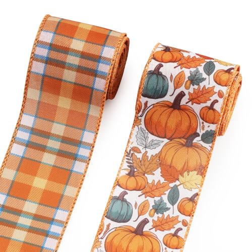 2 Rolls Fall Pumpkin Craft Ribbons for Wreath Bows