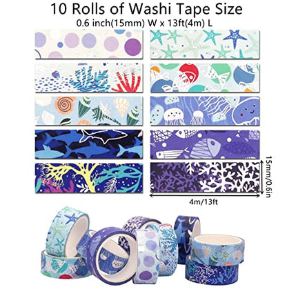 Blue Ocean Washi Tape Set 10 Rolls Bronzing Sea Decorative Masking Tapes for Scrapbooking (10 Count)