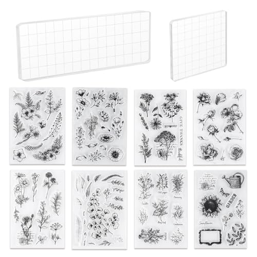 8+2 Sheets Clear Stamps Set Acrylic Stamp Blocks Vintage Plants Flower (10 Count)
