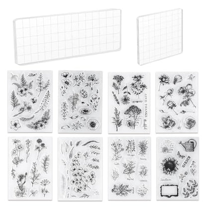 8+2 Sheets Clear Stamps Set Acrylic Stamp Blocks Vintage Plants Flower (10 Count)