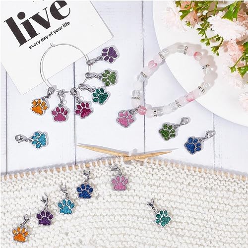 1 Box 16Pcs Knitting Stitch Markers Cute Pet Paw Dog Cat Paws Enamel Charms Lobster Clasp Charms Removable Locking Crochet Pendants for Sewing Weaving DIY Zipper Pull Decoration