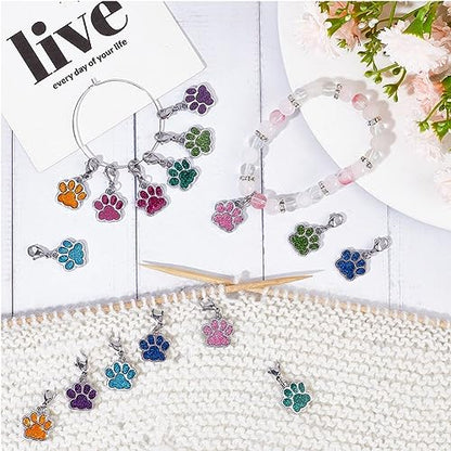 1 Box 16Pcs Knitting Stitch Markers Cute Pet Paw Dog Cat Paws Enamel Charms Lobster Clasp Charms Removable Locking Crochet Pendants for Sewing Weaving DIY Zipper Pull Decoration