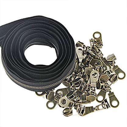 5 Antique Brass Metallic Nylon Coil Zippers by The Yard Bulk 10 Yards Black Zipper Tape with 25pcs Brass Sliders for DIY Sewing Tailor Craft Bag