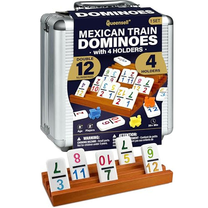 Mexican Train Dominoes Set with Numbers and 4 Holders